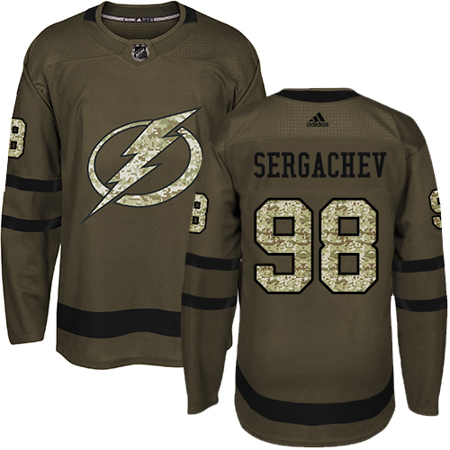 Adidas Lightning #98 Mikhail Sergachev Green Salute to Service Stitched NHL Jersey - Click Image to Close